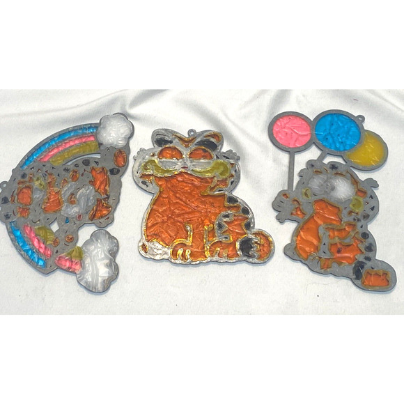 3 Vintage Makit & Bakit Garfield Orange Cat Stained Glass Metal Suncatcher 1980s - Picture 5 of 5